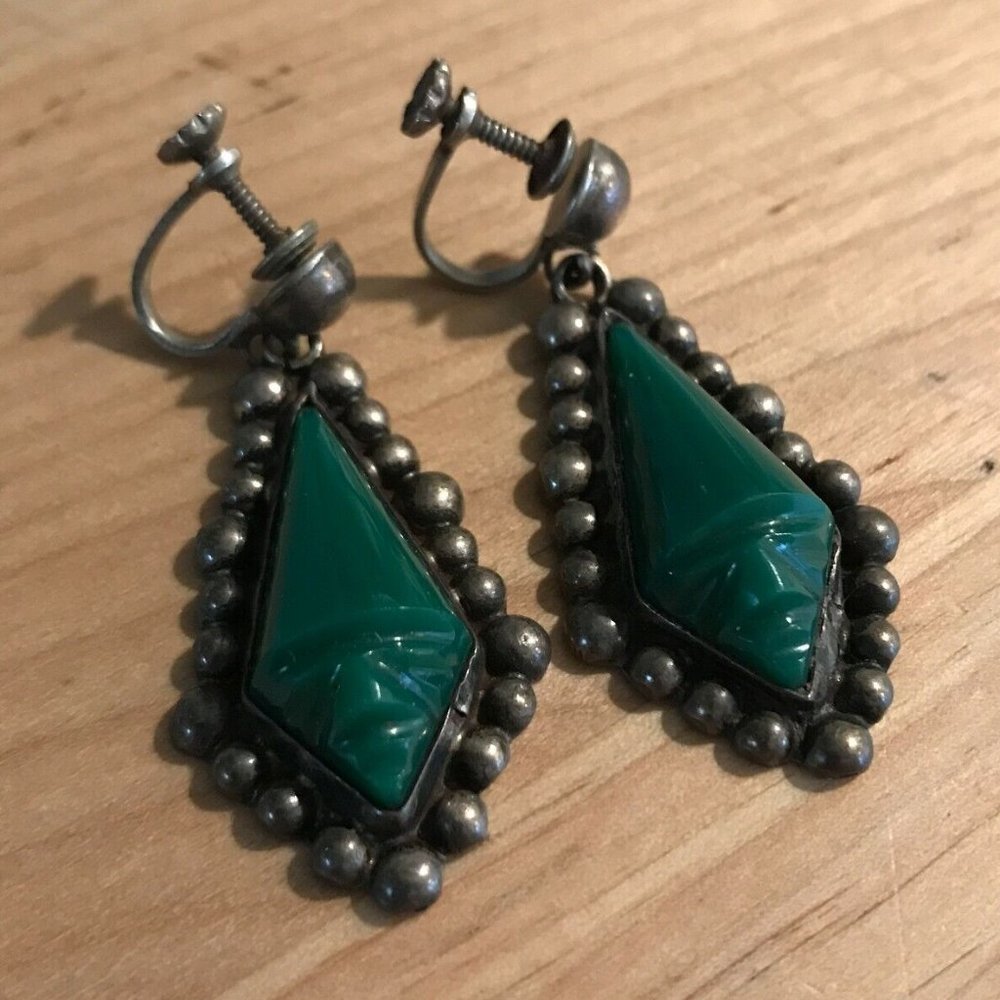 1940s Sterling Silver and Green Onyx Mayan Screw-On Drop Earrings